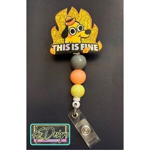 Badge reel with beads “This is Fine”